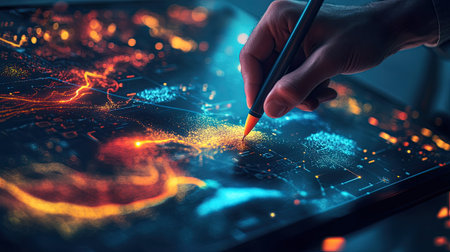 A close-up view of a hand drawing on a digital screen displaying vibrant data visualizations. The colorful graphics illustrate modern technology and innovation in data analysis.の素材