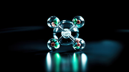 A stunning 3D model of a molecular structure, highlighting atoms with varied colors set against a dark background. Ideal for scientific and educational purposes.の素材