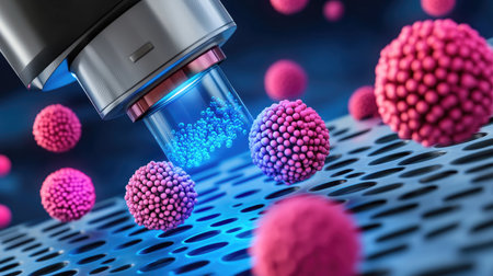 A close-up view of microbes under a microscope, showcasing vibrant pink spheres and blue fluids. The image represents advanced research and exploration in microbiology and digital visualization.の素材