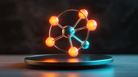 This digital illustration features an abstract atom model with colorful electrons orbiting around a nucleus, set against a dark background, symbolizing scientific exploration.の素材