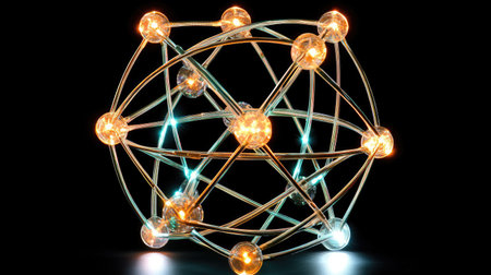 This image showcases a glowing molecular structure composed of interconnected spheres, symbolizing innovation and scientific discovery in a modern and abstract design.の素材