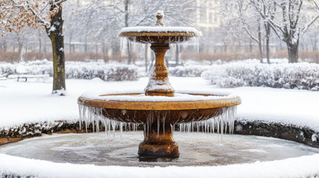 A picturesque winter scene featuring a majestic fountain surrounded by sparkling snow and delicate icicles, embodying serene beauty and tranquility.の素材