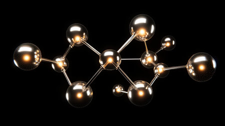 This image features an abstract molecular structure design with shiny spheres connected by bonds, representing scientific concepts in chemistry and physics.の素材