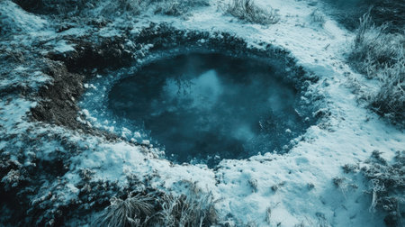 A stunning frozen waterhole surrounded by a blanket of snow and icy grass, capturing winter's serene beauty and calm atmosphere in a natural setting.の素材