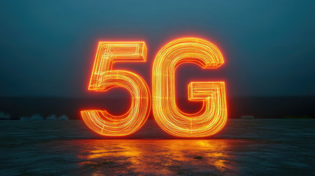 Eye-catching glowing 5G number creates a futuristic feel at night. This vibrant image showcases the advancements in wireless technology and connectivity.の素材