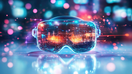 This image showcases a futuristic virtual reality headset illuminated with vibrant neon lights, representing advanced technology in the digital age.の素材