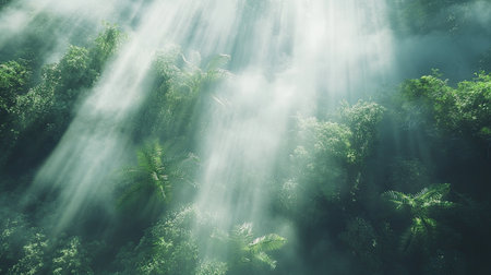 Serene forest scene featuring mist drifting through lush greenery, illuminated by gentle sunlight beams. A tranquil escape into nature's beauty.の素材