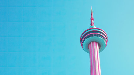A colorful tower pierces the clear blue sky, showcasing vibrant architectural design. This modern landmark symbolizes urban tourism and striking aesthetics.の素材