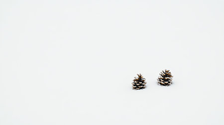 Two snow-covered pine cones rest on a pure white background, creating a serene and minimalist winter scene that evokes tranquility and natural beauty.の素材