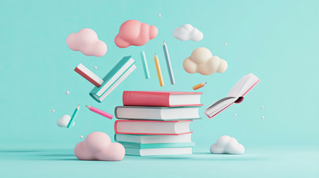 This vibrant image features colorful books and playful clouds against a bright blue background, inspiring imagination and creativity in education and learning.の素材