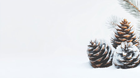 A serene composition featuring snow-covered pine cones set against a white background. Ideal for evoking winter vibes and seasonal decorations.の素材
