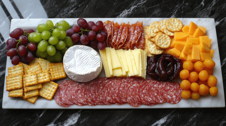 A beautifully arranged charcuterie board featuring an assortment of cheeses, fresh grapes, savory meats, and crunchy crackers, ideal for gatherings.の素材