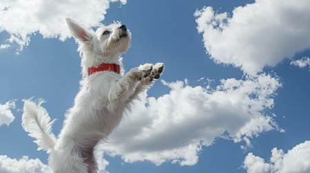 A small, playful dog leaps joyfully against a vibrant blue sky. Fluffy and full of energy, this moment captures the essence of outdoor fun and freedom.の素材
