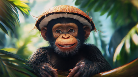 A delightful chimpanzee with a charming smile wears a tropical hat, surrounded by lush greenery in a vibrant jungle, capturing the essence of youth and playfulness.の素材