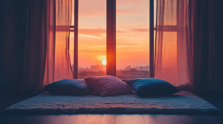 A serene evening scene showcases soft pillows on a cozy floor, bathed in the warm hues of a colorful sunset through elegant curtains.の素材
