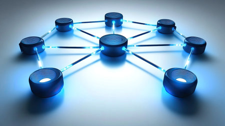 This abstract digital network image showcases interconnected nodes and lines illuminated in blue light, representing modern communication and technology concepts.の素材