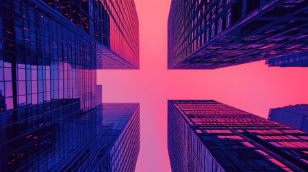 A stunning perspective of towering skyscrapers framed against a vibrant sunset sky. The colorful gradient adds drama to the urban landscape, highlighting modern architecture.の素材