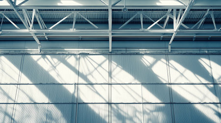 This image showcases a modern industrial interior, featuring sleek lines and dramatic shadows. The interplay of light and structure creates a visually striking effect.の素材