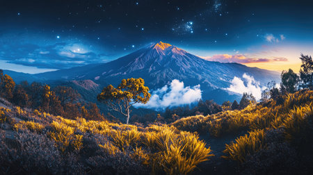 Stunning mountain landscape showcasing colorful foliage and a starry night sky. A perfect blend of tranquility and vibrant nature, ideal for outdoor lovers.の素材