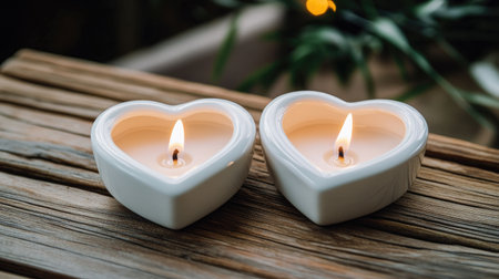 Two heart-shaped candles emit a soft glow on a rustic wooden table, creating a warm and inviting atmosphere perfect for romantic settings or peaceful relaxation.の素材
