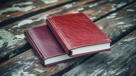 Two elegant leather bound journals rest on a rustic wooden surface, inviting personal reflection and creative expression with their timeless beauty.の素材