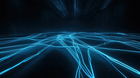 A mesmerizing view of electric blue light trails creating intricate patterns on a dark surface, evoking a sense of futuristic technology and energy.の素材