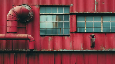 Weathered industrial building wall featuring bright red paint, large windows, and prominent pipework. Captures urban aesthetic with rustic charm.の素材