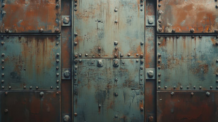 This image showcases a detailed metal surface with rust and rivets, featuring a weathered patina that adds an industrial charm, perfect for backgrounds and textures.の素材