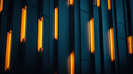 This image features an abstract design with vertical lights in vibrant orange against a deep blue surface, showcasing a modern and sleek aesthetic.の素材