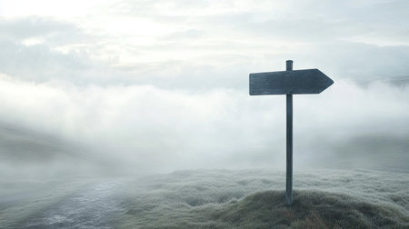 A serene misty landscape featuring a single directional sign amidst soft grass, evoking feelings of tranquility and exploration in nature. Ideal for outdoor themes.の素材