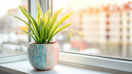 A charming indoor plant in a colorful decorative pot sits on a bright windowsill, bathed in warm sunlight, creating a serene and inviting atmosphere in any room.の素材