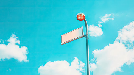 A vibrant street lamp stands against a bright blue sky, surrounded by fluffy white clouds. The scene captures a peaceful urban moment, ideal for various design projects.の素材