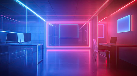 A captivating modern office interior illuminated by vibrant blue and pink neon lights, creating a futuristic workspace filled with sleek furniture and contemporary design elements.の素材