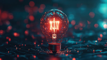 A glowing vintage light bulb stands out on a colorful abstract background, blending technology and art. This image evokes creativity and innovation.の素材