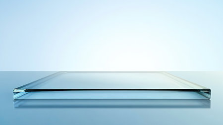 A sleek and modern transparent glass surface with a soft blue background, perfect for showcasing products or artistic displays, emphasizing minimalism and elegance.の素材