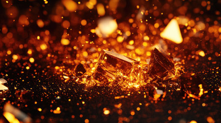 A captivating image featuring glowing sparks and shattered glass fragments, expressing vibrant energy and dynamic motion against a dark backdrop.の素材