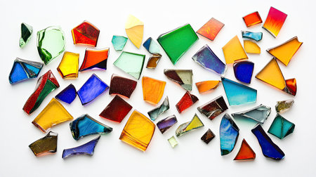 A vibrant collection of colorful glass fragments in various shapes, arranged on a white background, showcasing artistic elegance and potential for creative projects.の素材
