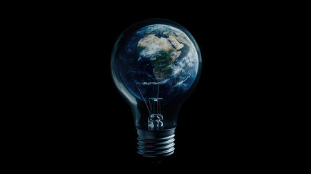 A visually striking image showing a globe of Earth inside a transparent light bulb, symbolizing energy conservation and sustainability. The image reflects the beauty of our planet and the importance of eco-friendly practices.の素材