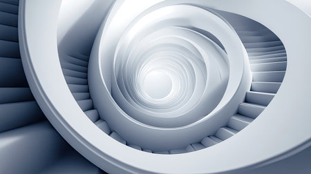 Captivating abstract image of a spiral staircase in a minimalist white interior. The smooth curves and elegant design create a surreal atmosphere, enhancing the sense of depth and infinity.の素材