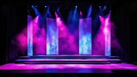 A vibrant stage setup featuring colorful lights and soft smoke effects. This artistic scene creates a captivating atmosphere ideal for performances or events.の素材