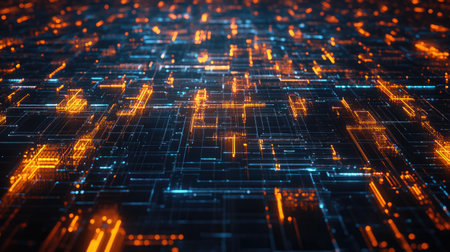 Vibrant abstract digital background featuring glowing neon lights and intricate circuit patterns. Perfect for technology and innovation themes.の素材