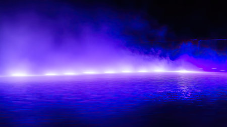 This captivating image features a serene water surface illuminated by vibrant purple light and enveloped in ethereal mist, creating a mystical atmosphere.の素材