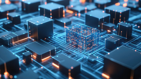 Explore an abstract technology background showcasing glowing data blocks and intricate circuits. Perfect for themes of innovation and digital connectivity.の素材