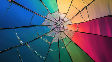 This striking image features a colorful broken glass piece that creates a stunning display of light and vibrant colors, perfect for artistic projects.の素材