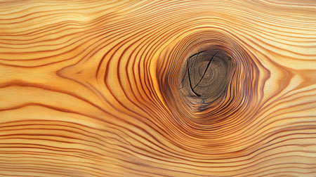 This image showcases a detailed close-up of natural wood grain featuring unique knot texture and rich color variations, perfect for design projects.の素材