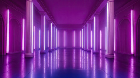 A captivating interior scene showcasing elegant columns illuminated by vibrant neon lights. The combination of purple and blue creates a modern, surreal atmosphere perfect for creative projects.の素材