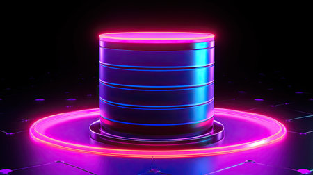 This vibrant neon cylinder is set against a futuristic background, emitting a captivating glow. Ideal for representing technology concepts and digital innovation.の素材