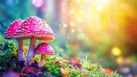A close-up view of vibrant red mushrooms growing on moss in a serene forest setting. The soft sunlight creates a magical ambiance, enhancing the natural beauty.の素材