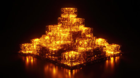 A visually stunning arrangement of glowing golden blocks in a pyramid shape, reflecting light against a dark background, creating a sense of luxury and elegance.の素材