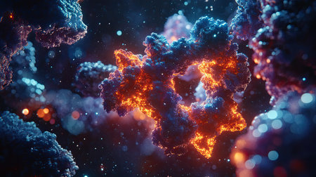 Stunning abstract image depicting a colorful molecular structure. Vivid colors and glowing effects create a dynamic and engaging visual suitable for science or technology themes.の素材